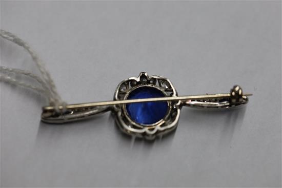 An early 20th century French platinum, sapphire and diamond bar brooch,